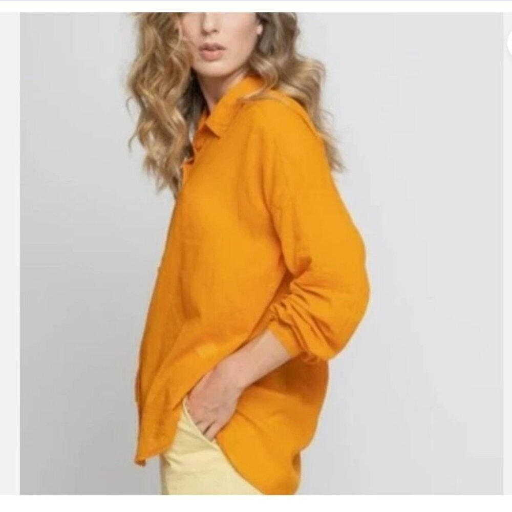 NWOT J Jill 100% Linen Roll Tab Blouse Mustard Yellow XLP